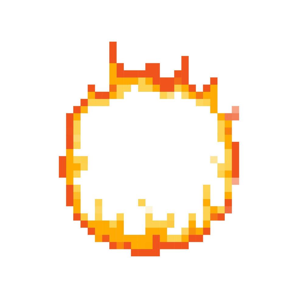 Mosaic pixel fire icon with bright flames in retro 8 bit style for games and creative design vector