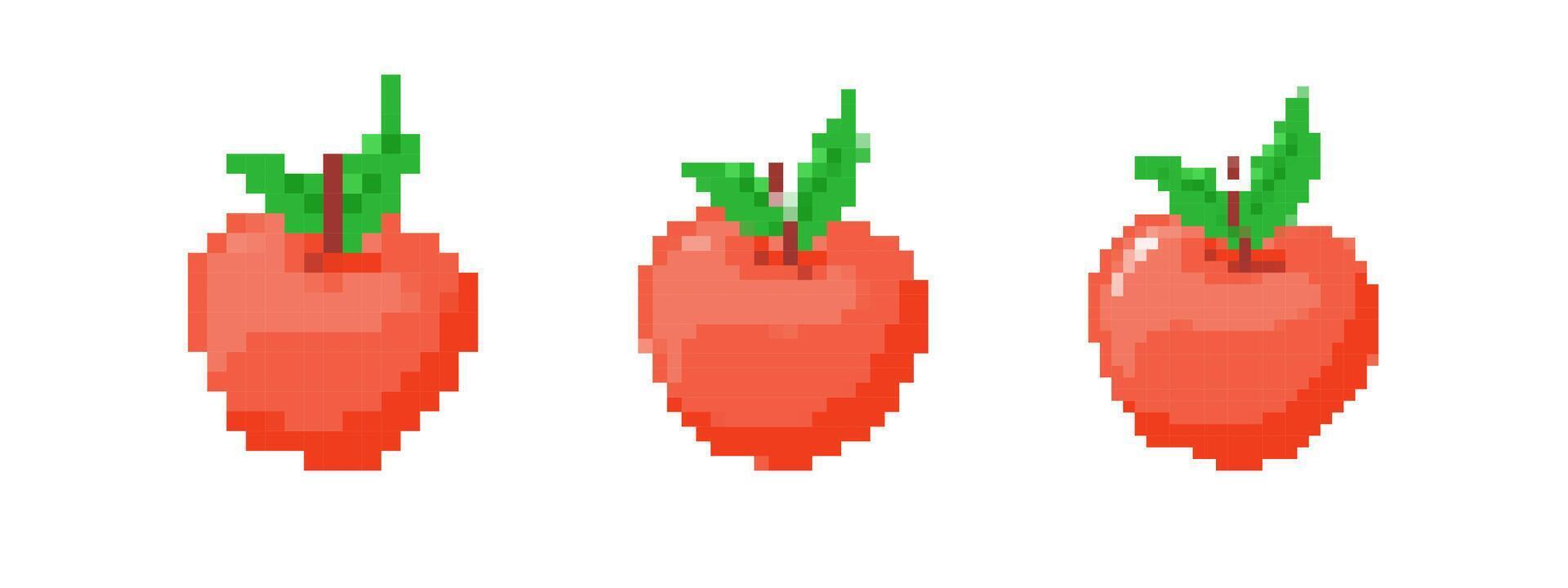 Mosaic pixel apple icons with green leaf in retro game visual style vector