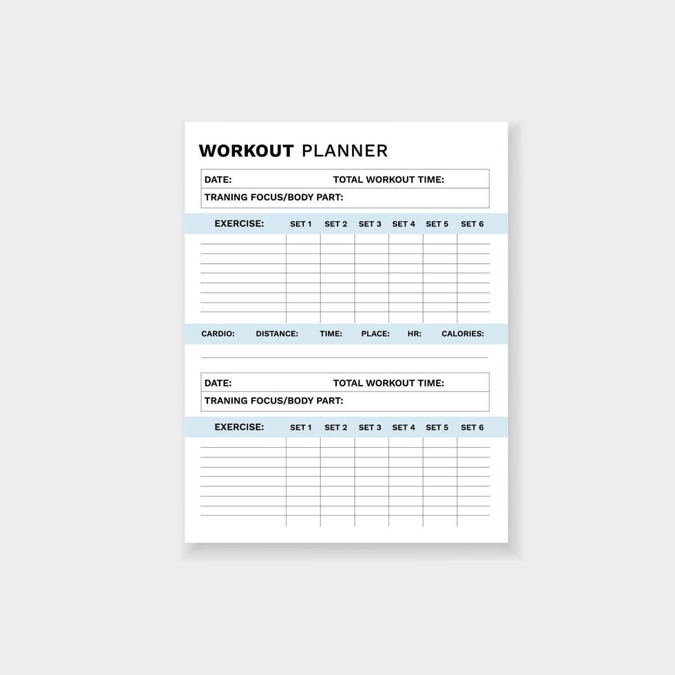 Workout planner form for effective exercise tracking and goal setting in fitness routines vector