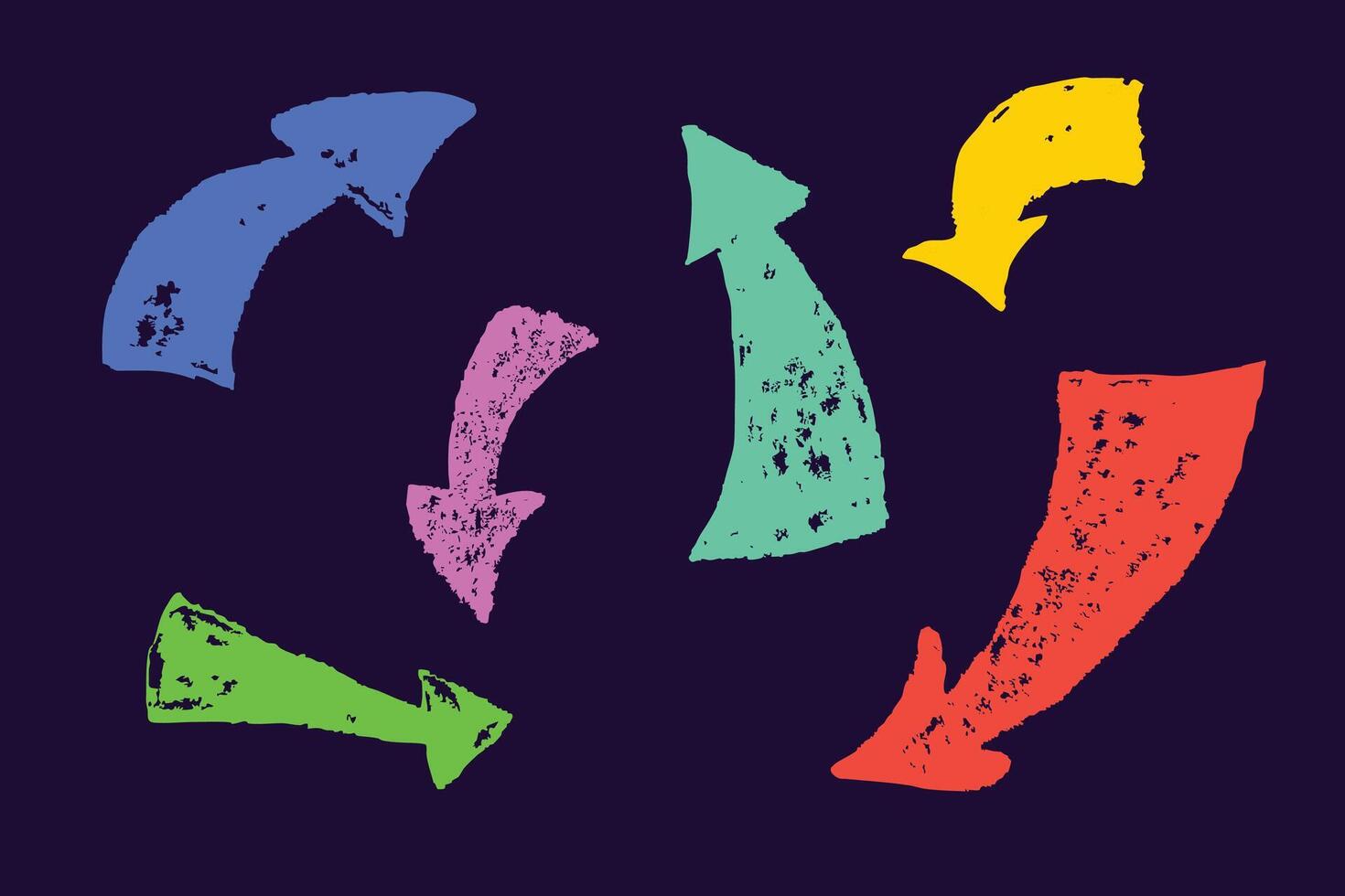 Set ollection of colorful hand-drawn arrows with a rough chalk-like texture on a dark background. This playful set includes curved and straight vector