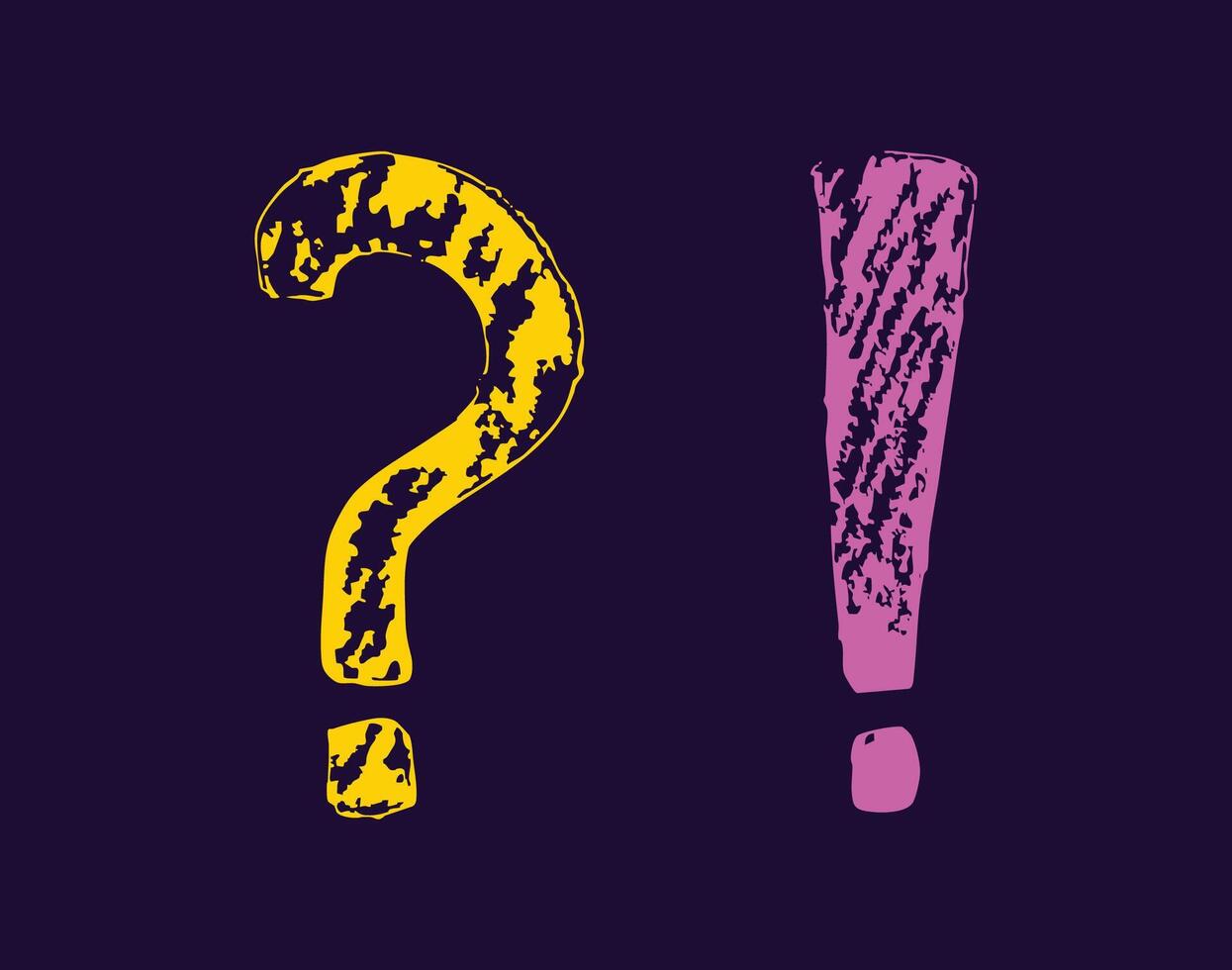 Colorful chalk drawn punctuation marks set. Question mark and exclamation point sketched with crayon texture on dark background. Hand drawn school board style punctuation illustration. vector