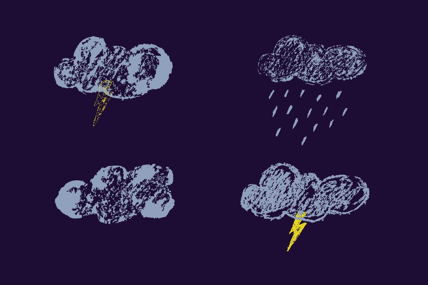 Storm clouds with lightning and rain drawn with chalk or pencil. Hand drawn thunderstorm icons in textured doodle style. Weather symbols for weather and climate forecast design. Collection of thunders vector