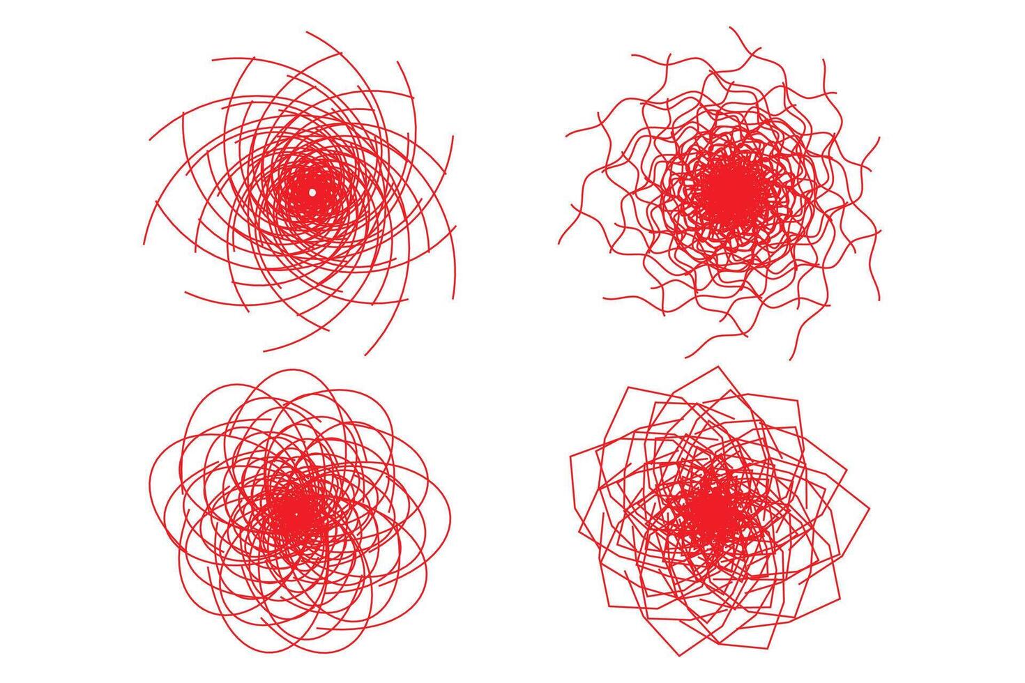 Hand Drawing Circular Insane Tangled Scribble Random Geometric Red Line Art Designs on White Background. vector