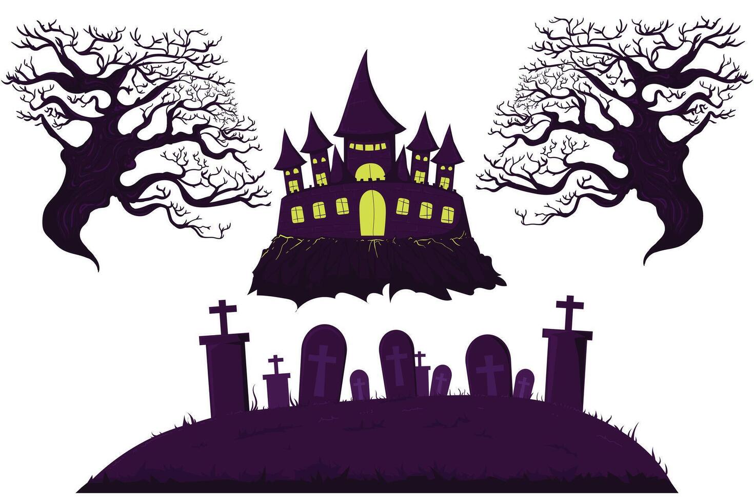 A haunted house with graveyard and spooky trees Halloween scene builder elements in dark purple tones perfect for creating creepy backgrounds posters or invitations vector