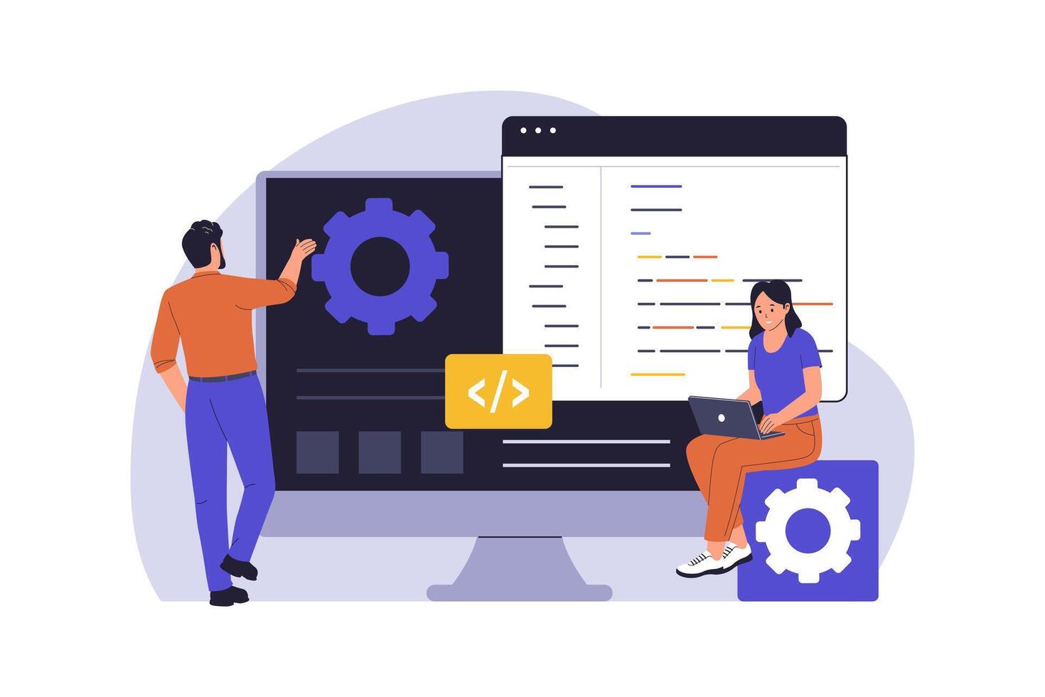 Developers coding on a computer screen vector