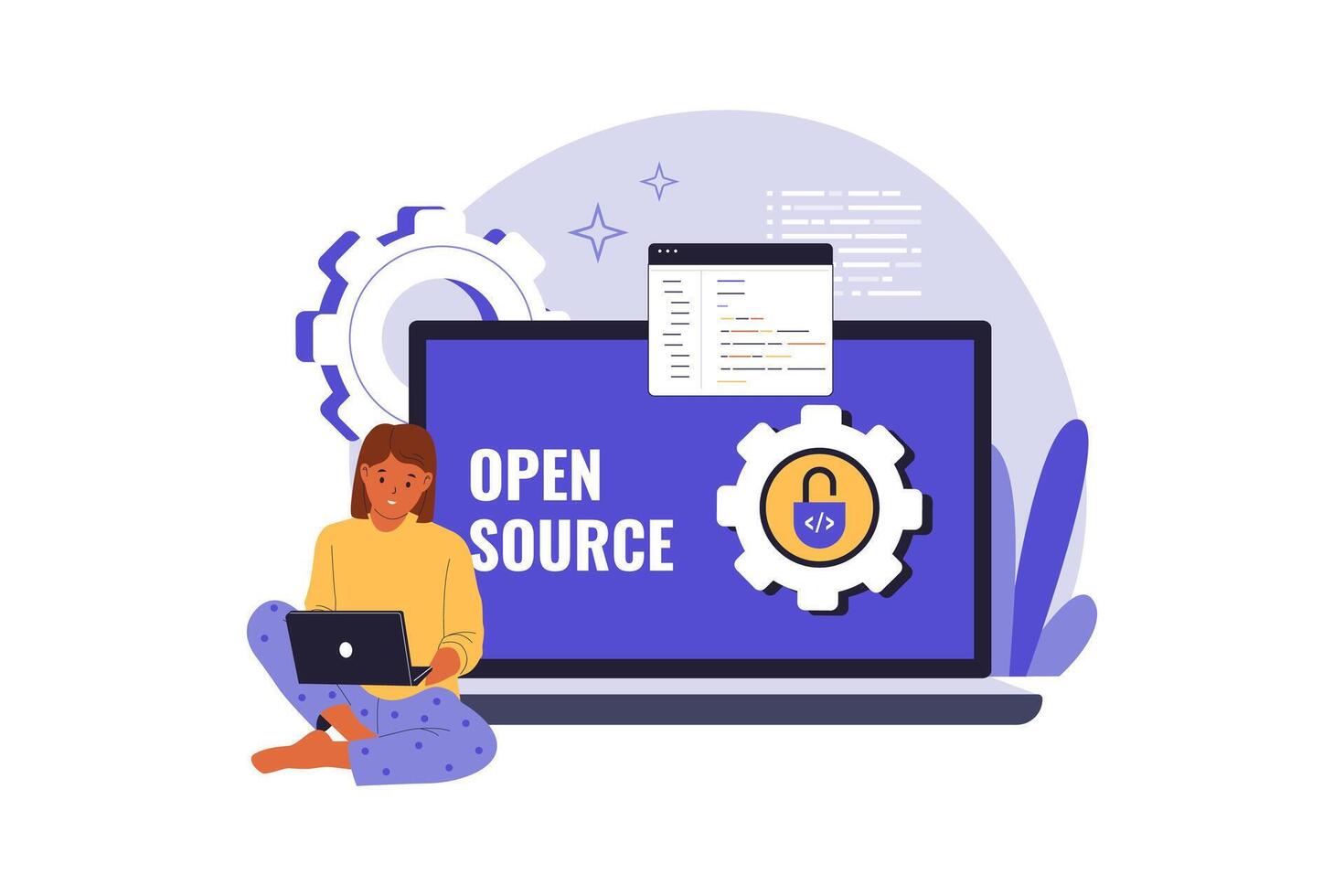 Woman using laptop for open source vector