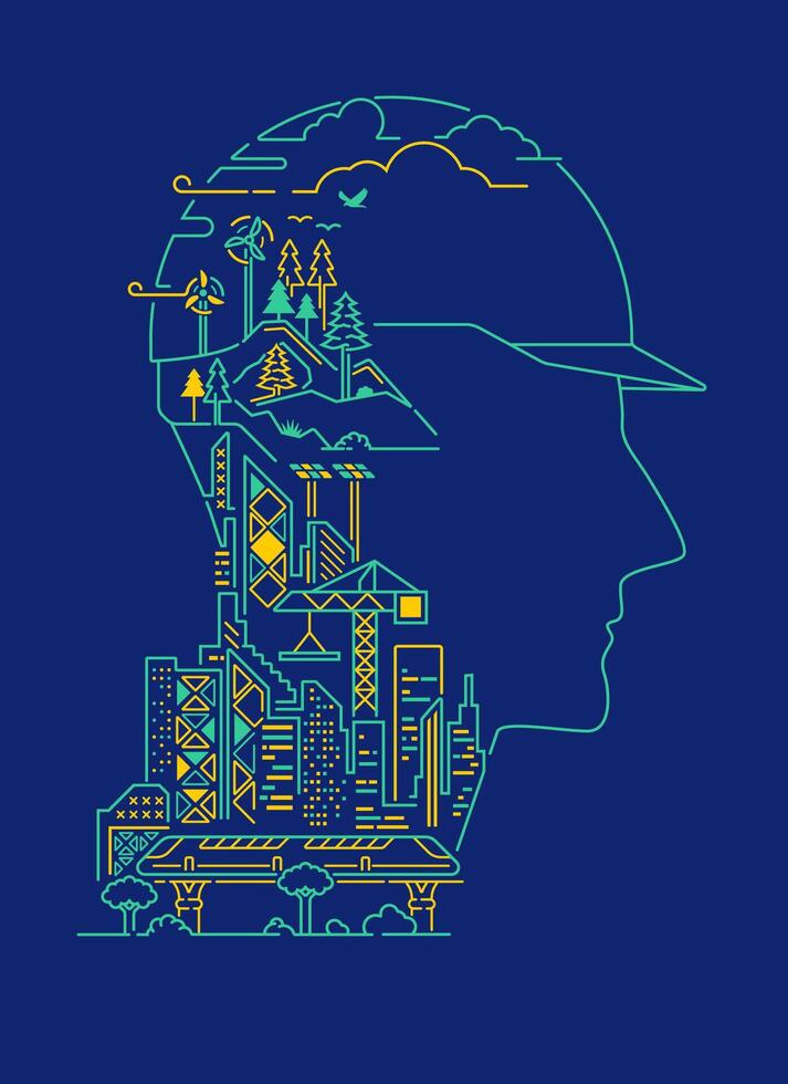 concept of green engineering or green industry, graphic of engineer shape combined with eco system element vector
