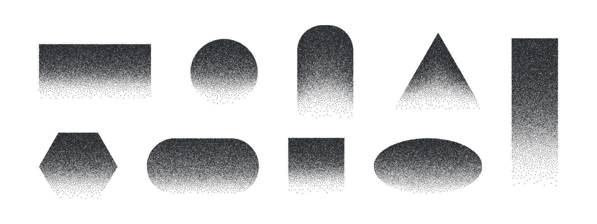 A set of grain, noise geometric shapes with a gradient. Spray square, circle, triangle, arch, hexagon. illustration vector