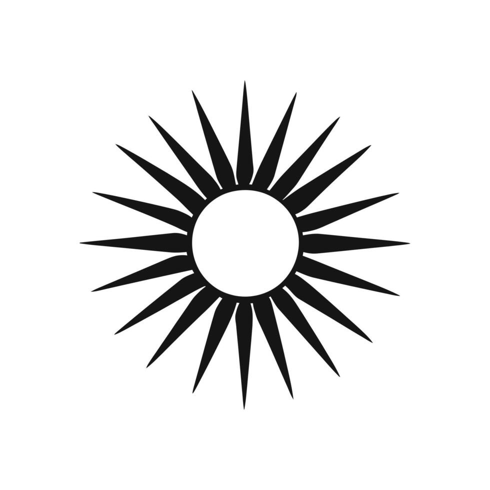 Black sun icon with sharp rays radiating from a circular center shape vector