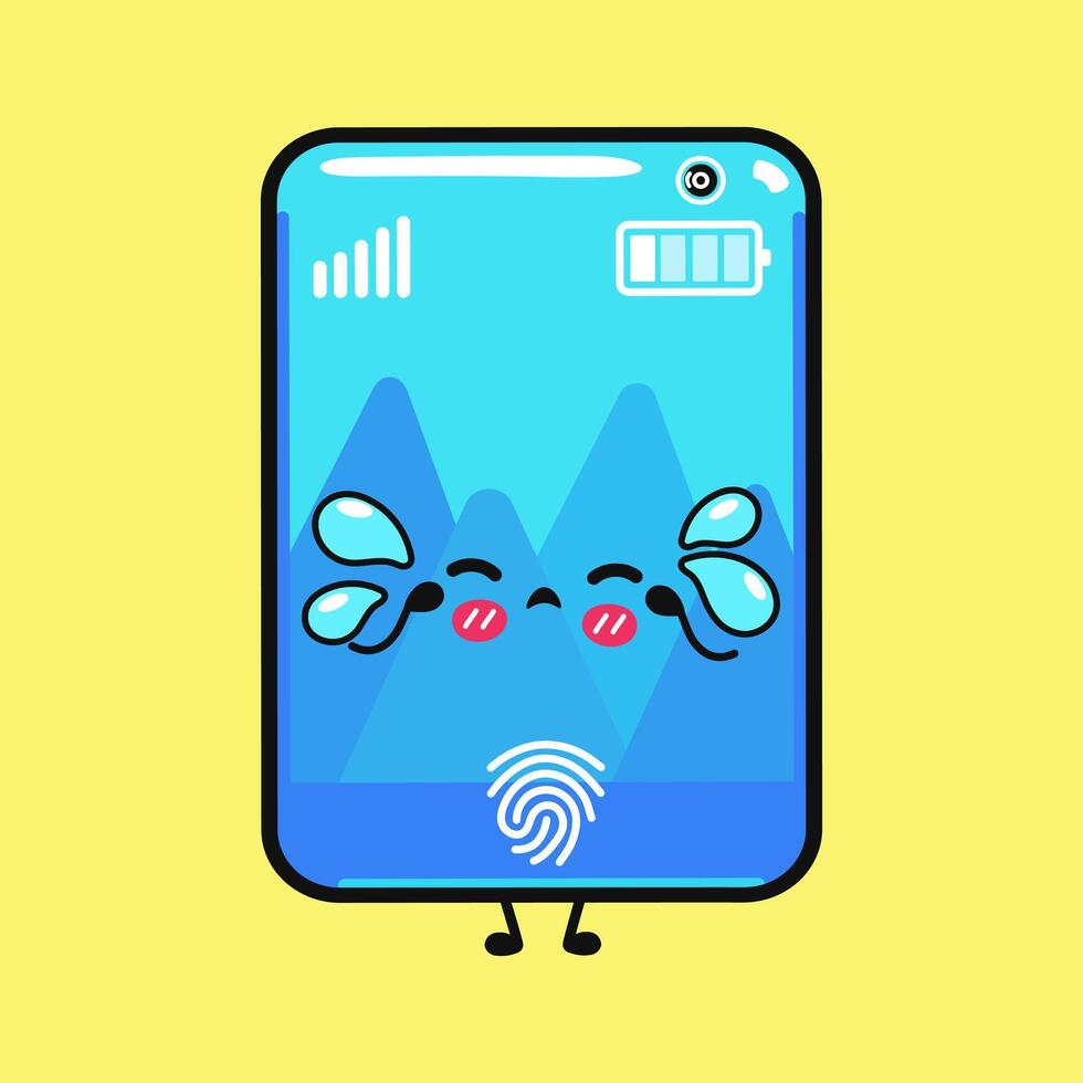 A crying cartoon phone character showing digital sadness and tears, with a fingerprint sensor. vector