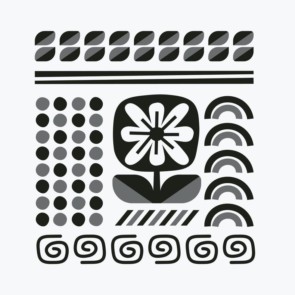 Elegant collection of flower illustration and design elements in black and white monochrome style. Perfect for backgrounds, patterns, and creative projects. vector