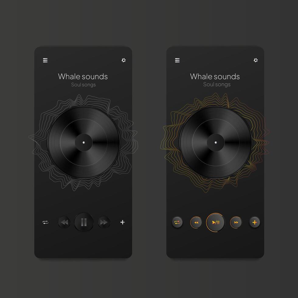 Digital interface displaying two stylized vinyl record player apps on a dark background vector