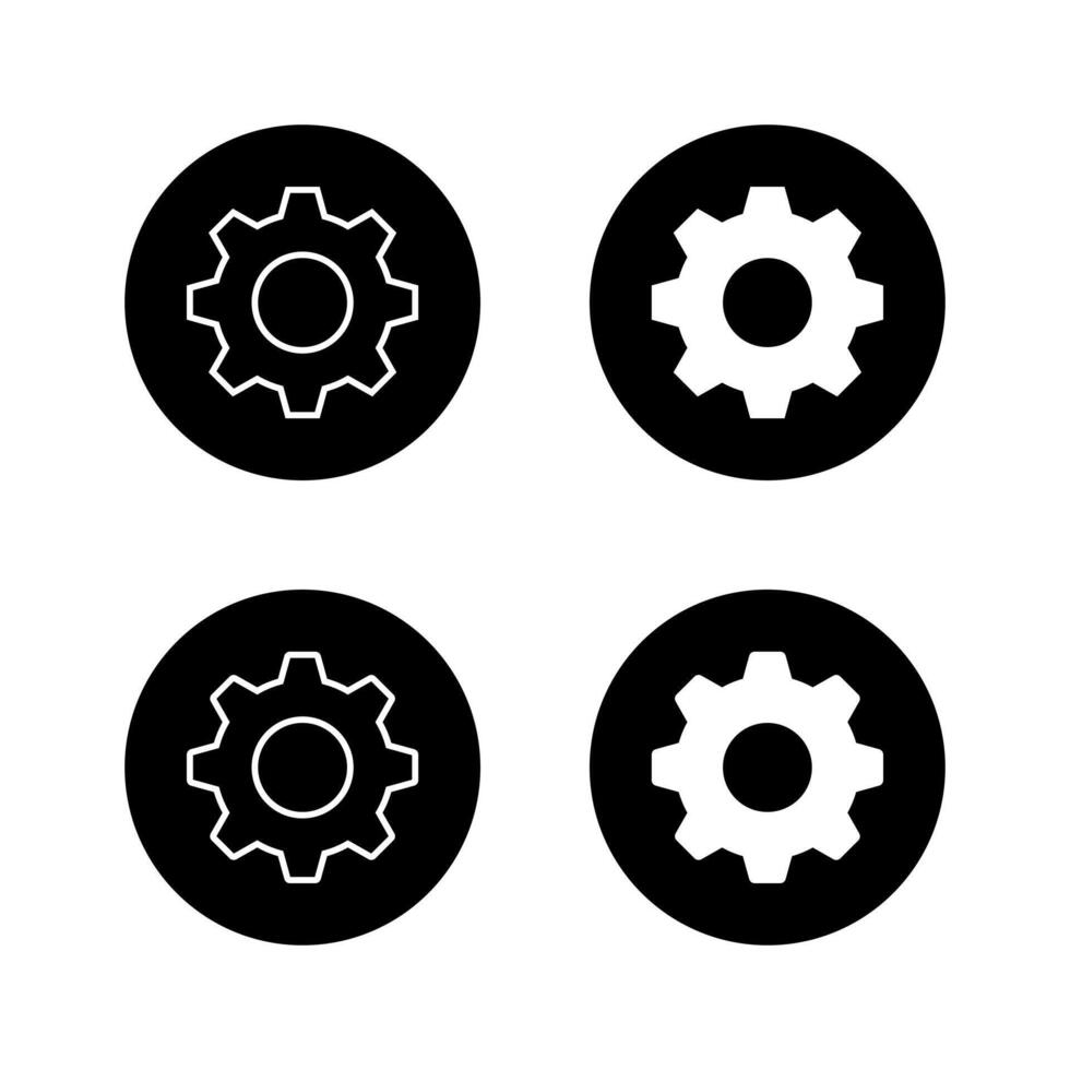 Gear settings icon set in black circle. Cogwheel symbol for system preferences and configuration vector