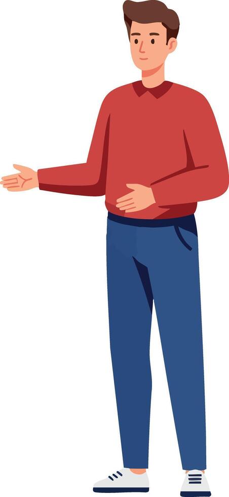Young man in red sweater presenting with open hand gesture illustration vector