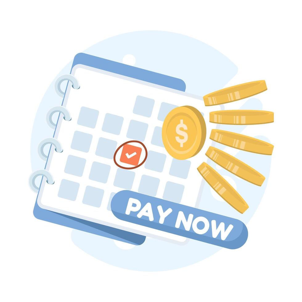 Recurring billing illustration, showing monthly membership payments. Concept of auto-renewal fees with calendar reminder and coins, representing subscription services and continuous payment system. vector