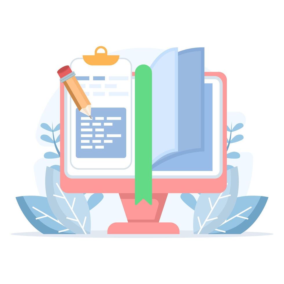 Flat illustration of notebook with pencil for note-taking. Concept of journalism, interviews, reporting, and year-end summary or review documentation. vector