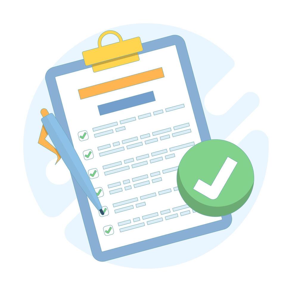 Checklist documents on clipboard with approval and rejection marks. Illustration of accepted and declined papers, document review process, and task validation in flat design. vector