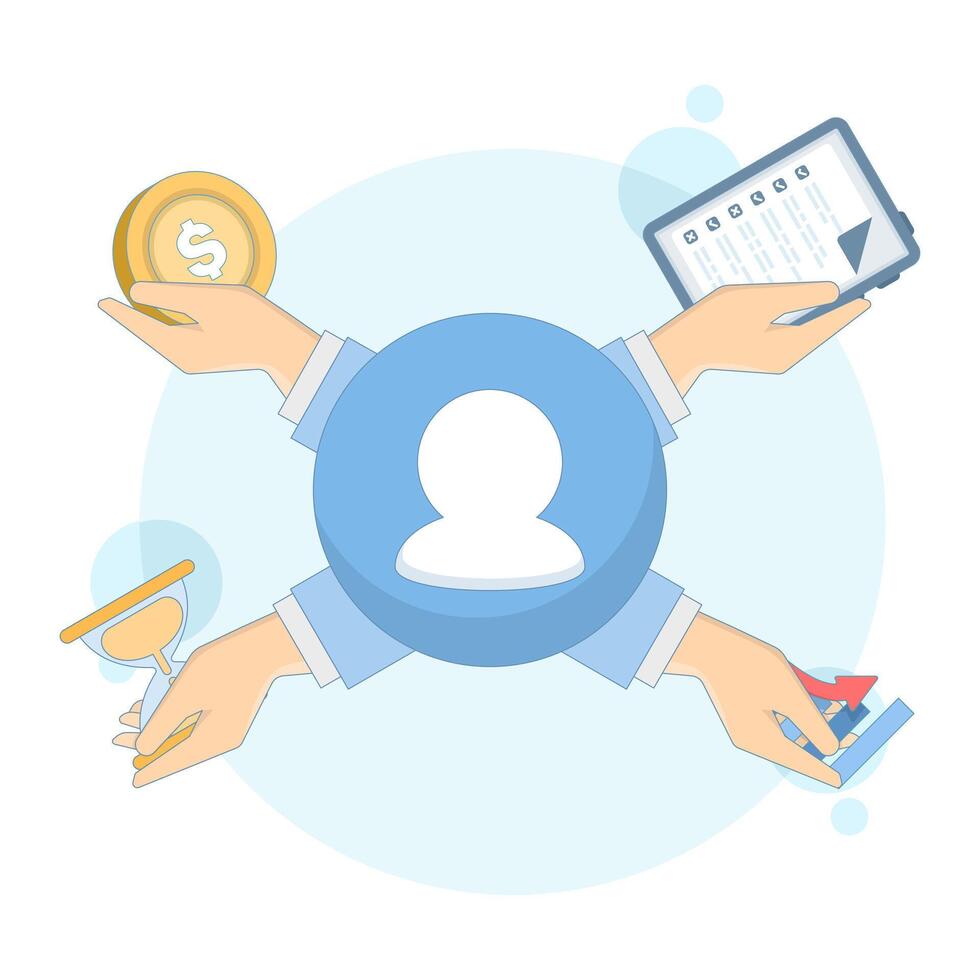 Illustration of a skilled professional with multitasking abilities, managing different responsibilities at once. Concept of a busy worker who can handle many tasks and perform various jobs efficiently vector