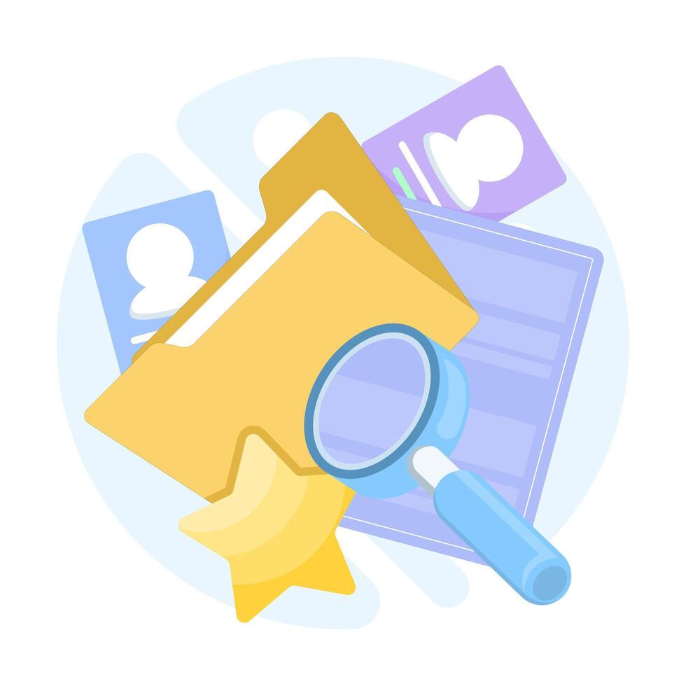 Flat illustration of office folder with documents. Concept of file searching, digital directory, document management, and organized office workflow for business or administrative tasks. vector