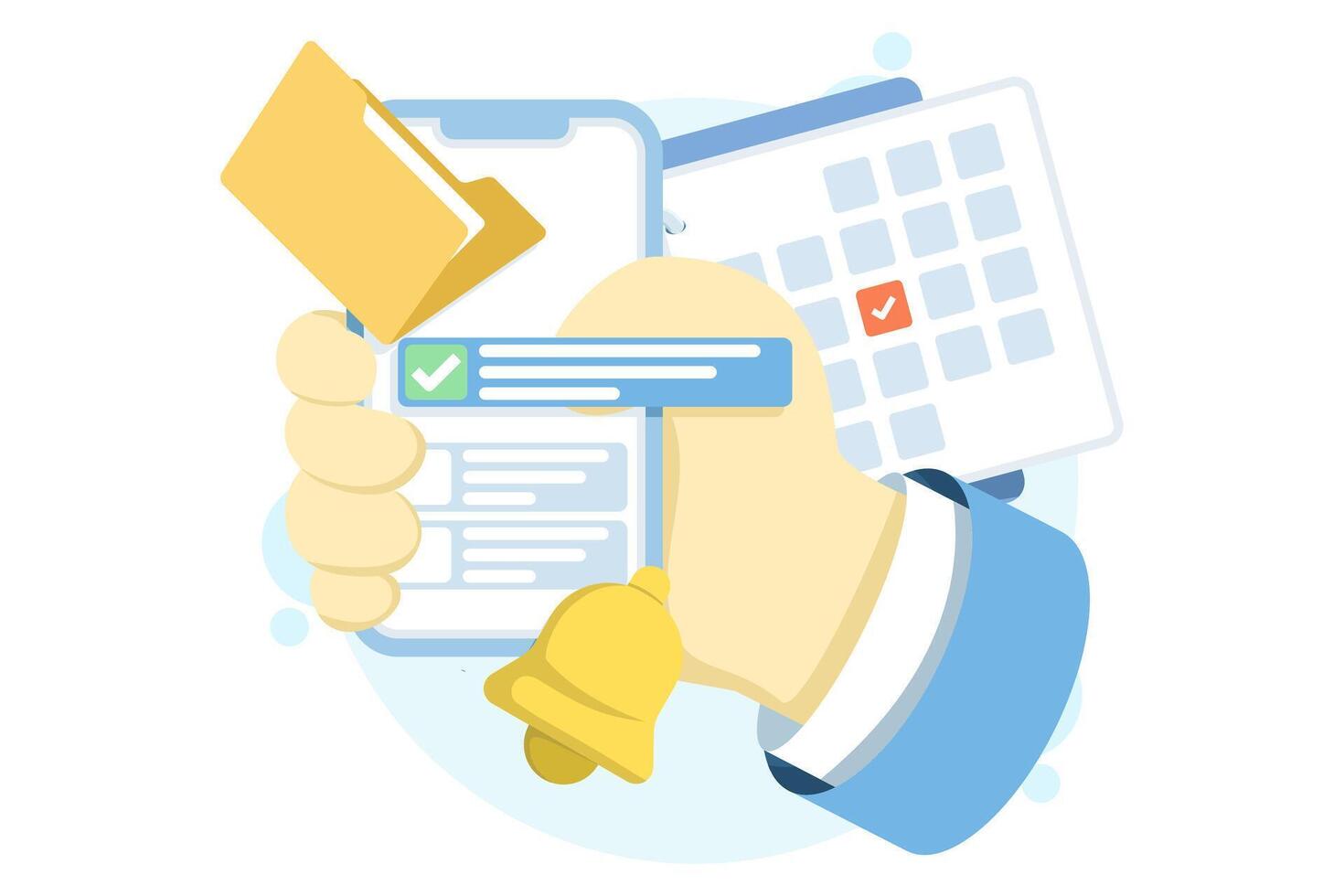 Flat illustration of mobile productivity app. Hand holding smartphone displaying folders and task icons, representing organization, task management, and efficient workflow on mobile devices. vector