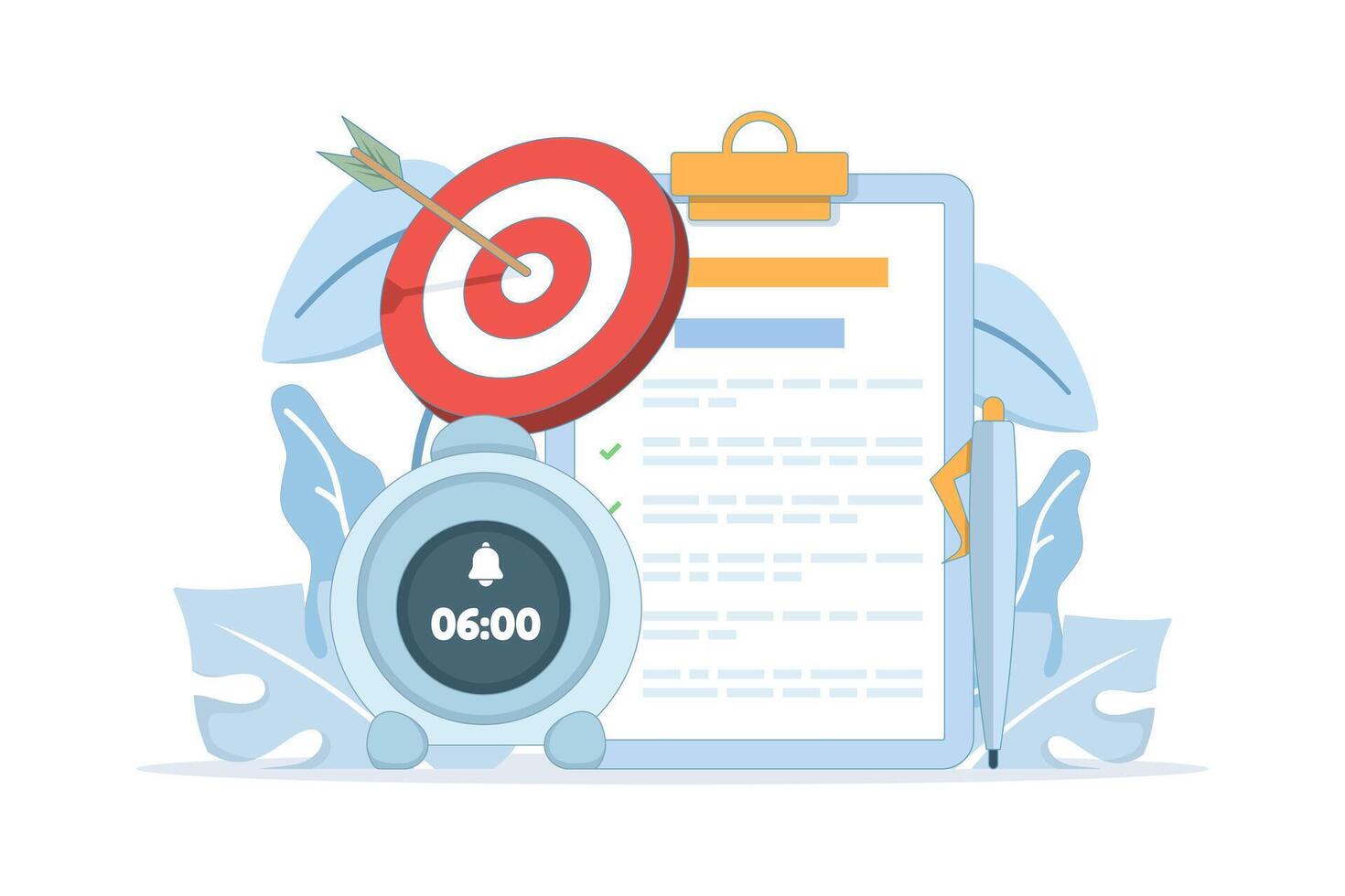 Flat illustration of productivity and project management. Concept of efficient workflow, time management, completing tasks, and achieving business goals effectively in a professional environment. vector