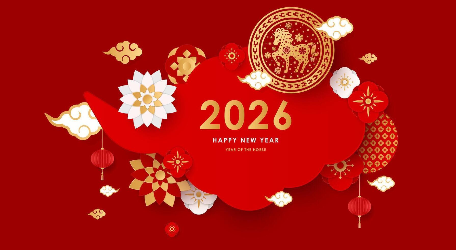 Chinese banner frame, Happy New Year 2026 poster. Horse zodiac emblem vector