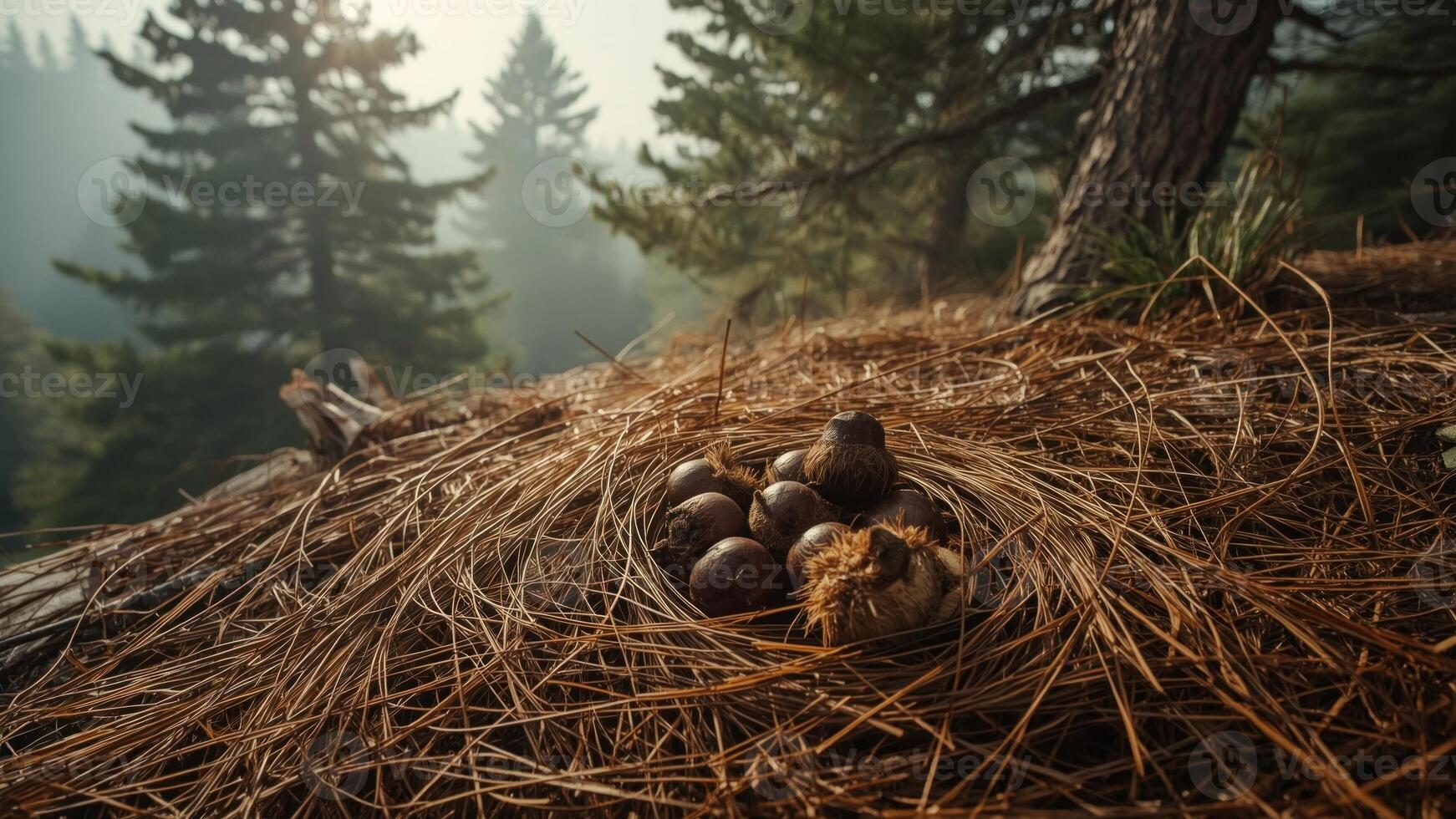 Nest with eggs resting on pine needles in a serene forest, surrounded by tall trees and mist photo