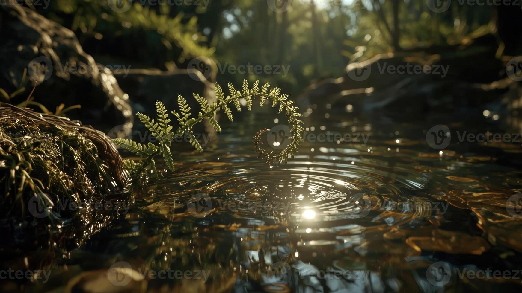 Serene forest scene with a fern by a rippling stream, sunlight filtering through trees photo