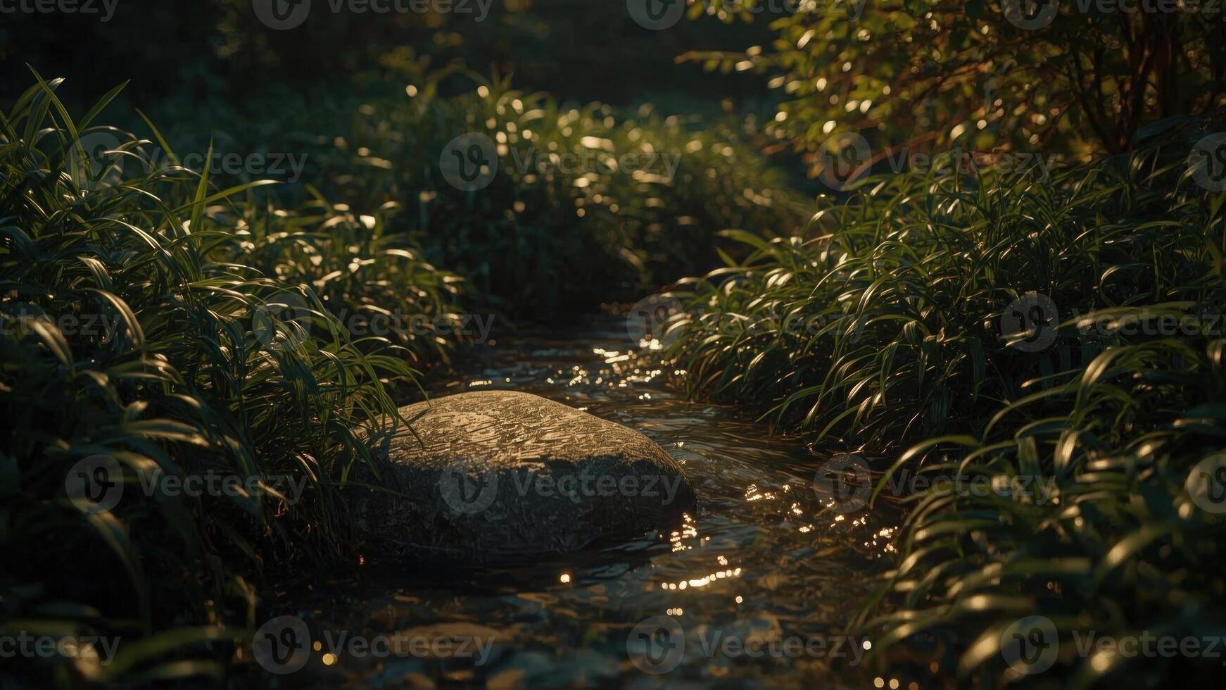Serene stream flowing through lush green grass with sunlight filtering through trees in background photo
