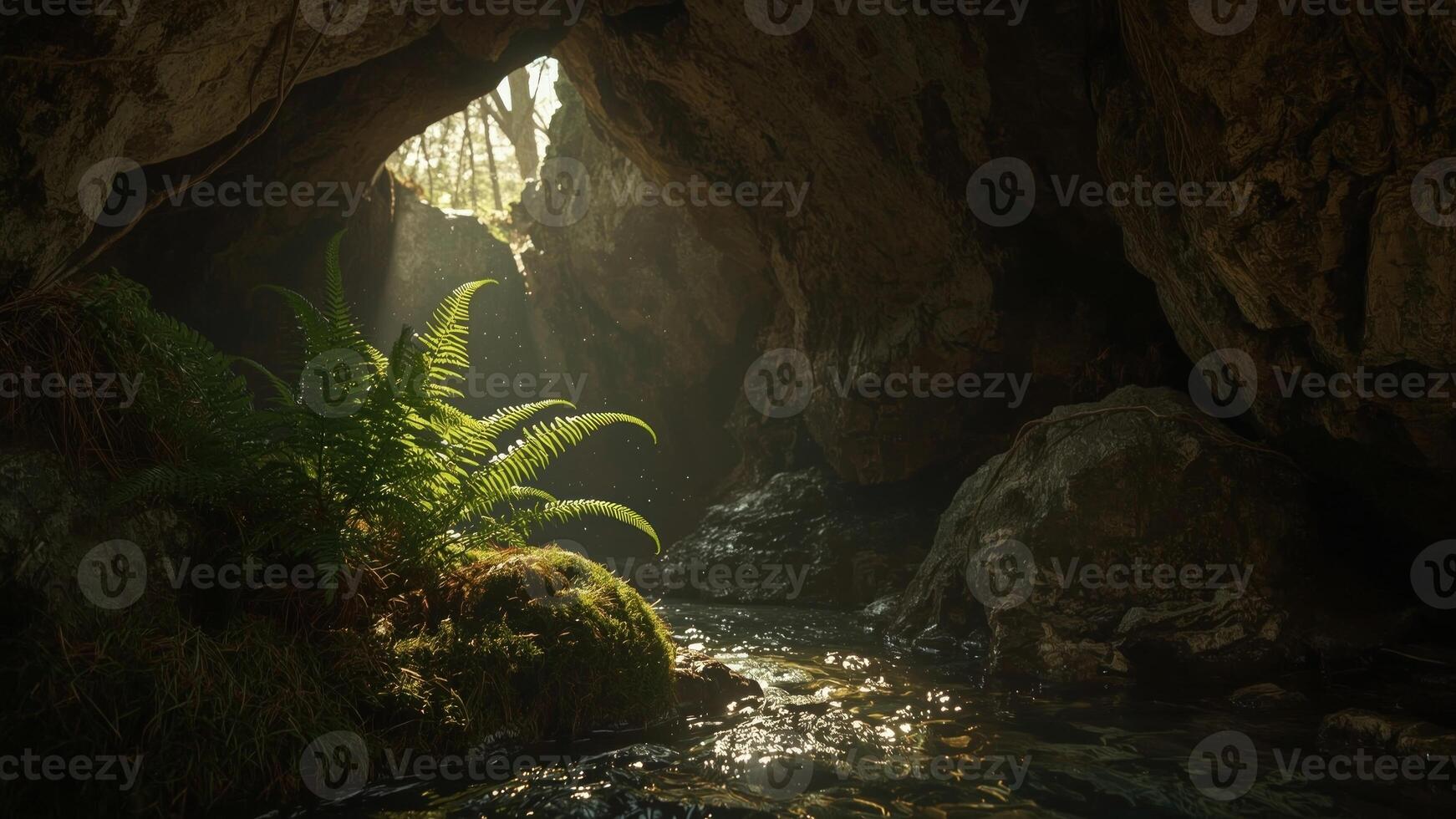 Serene cave with sunlight filtering through, illuminating ferns and a tranquil stream below photo