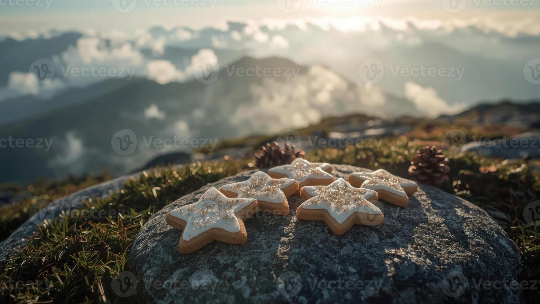 festivo en forma de estrella galletas metido en un rocoso superficie con montañas y nubes en el antecedentes foto