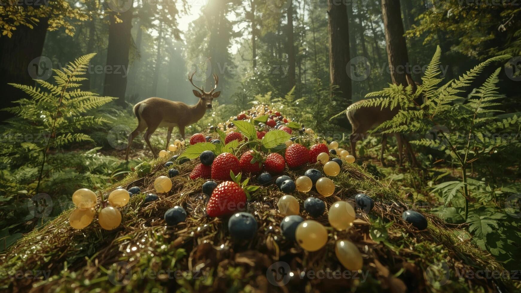 Deer foraging in a lush forest with a vibrant array of berries scattered on a mossy log photo