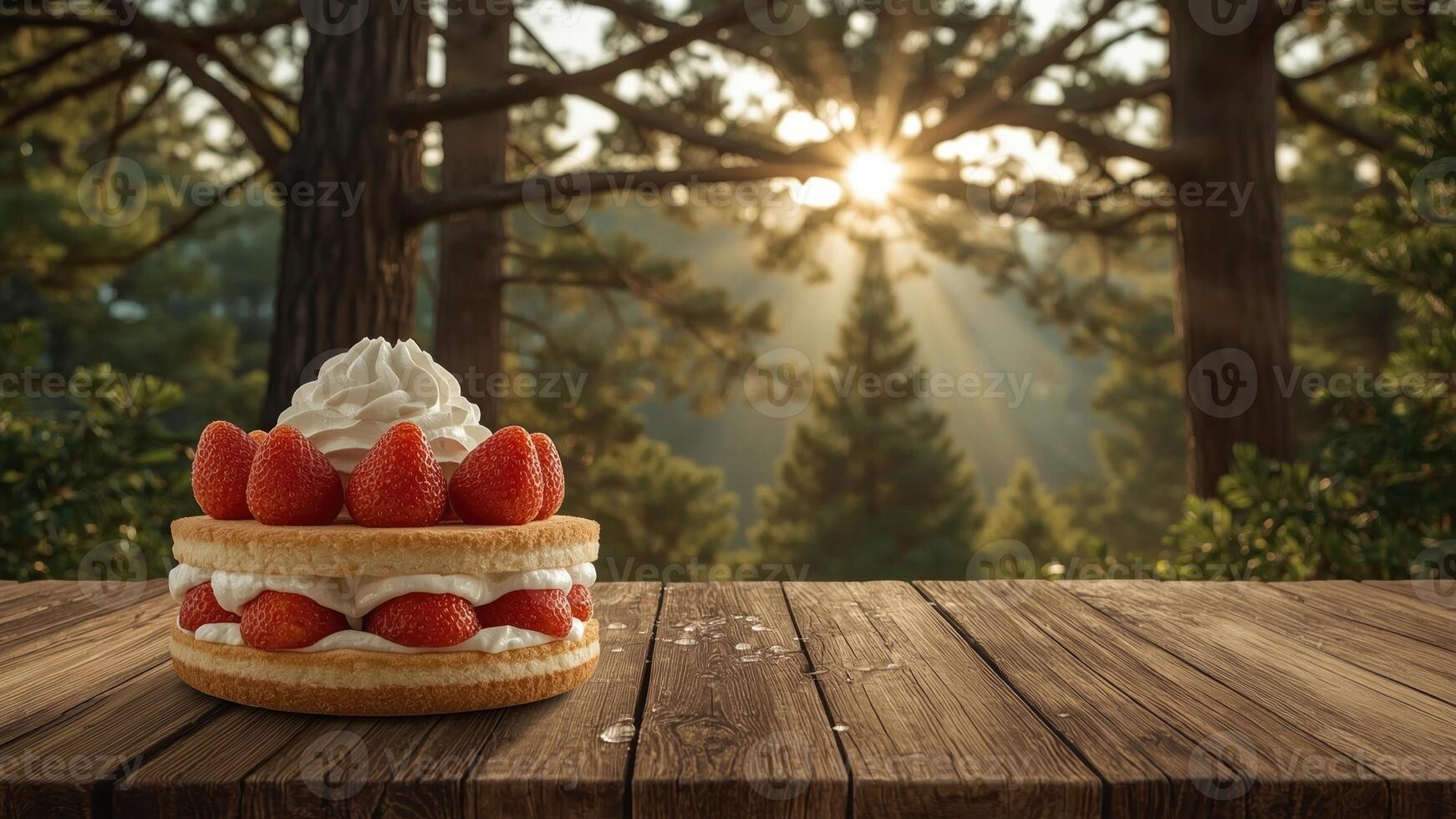 delicioso fresa torta de frutas en un de madera mesa en un sereno bosque con luz de sol filtración mediante arboles foto