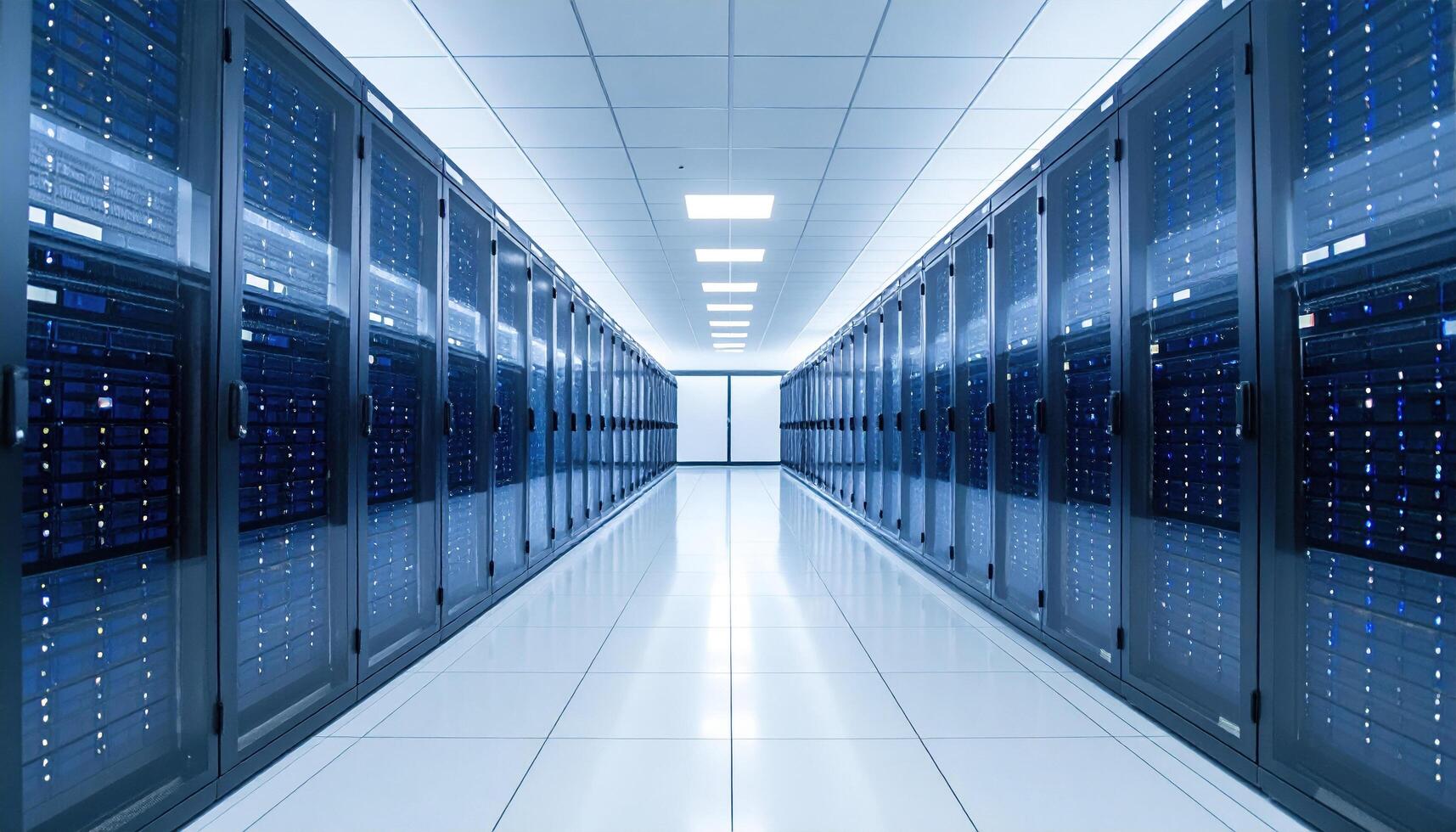 A long hallway with rows of servers in a data center photo