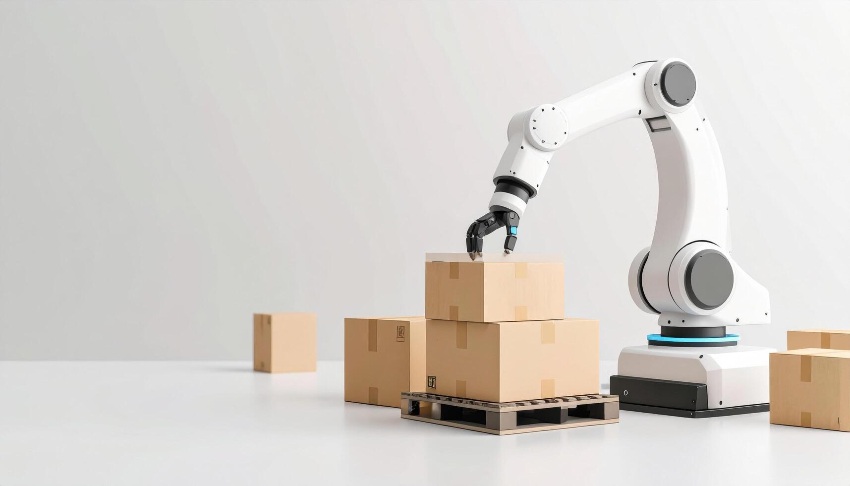 Automated robotic arm handling cardboard boxes on pallet in modern warehouse setting, showcasing advanced technology and efficiency in logistics and supply chain management photo
