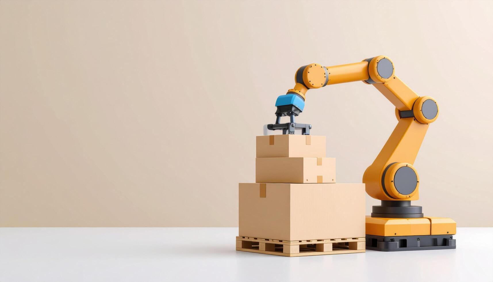 Robotic arm efficiently handles packages, showcasing automation in modern warehouse setting. bright yellow arm contrasts with neutral background, emphasizing innovation and technology photo