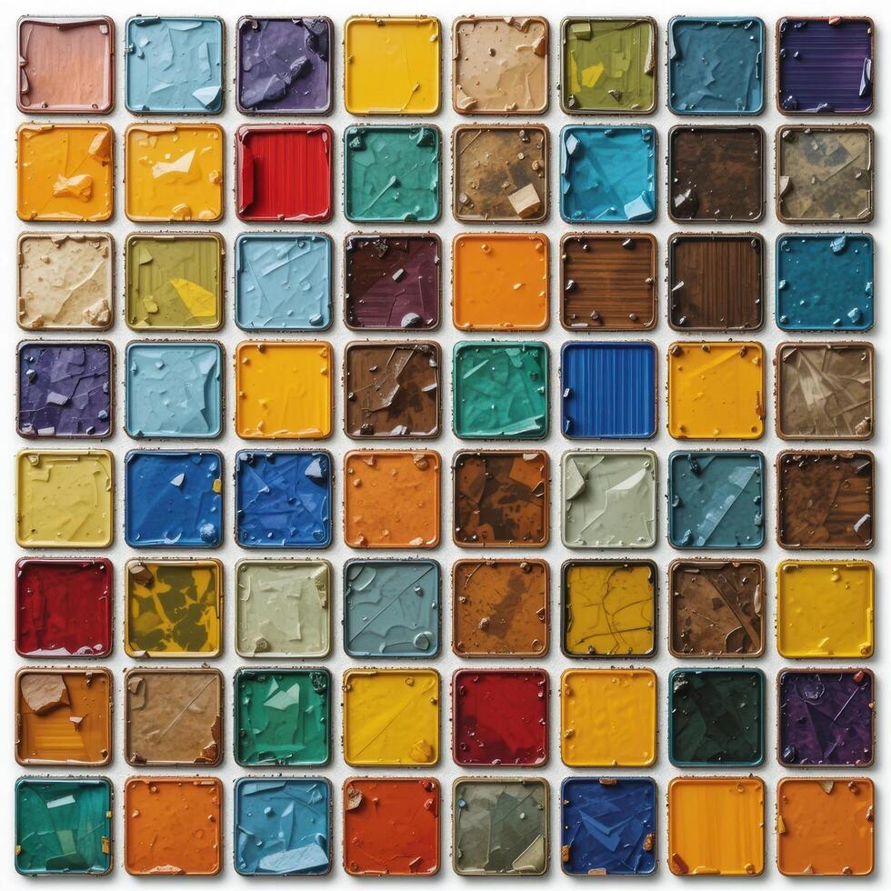 The image consists of an array of square elements, each containing textures and a variety of colors. The elements have a frame like border, giving the impression of individual containers photo