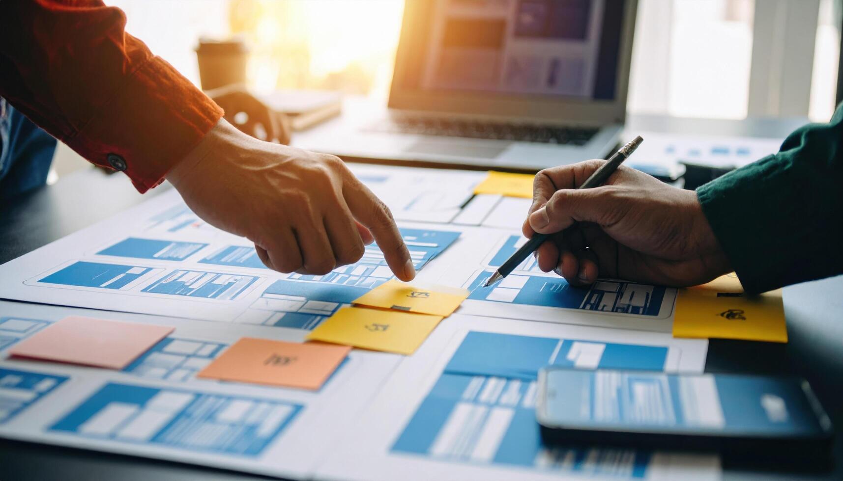 Creative collaboration in modern workspace where designers and developers engage in brainstorming and planning, using sticky notes and digital tools to enhance project development photo