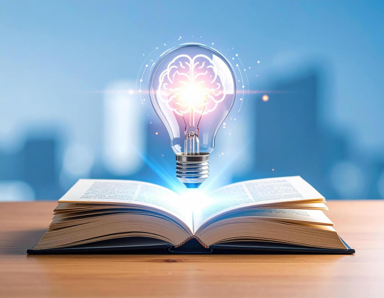 Levitating light bulb with glowing brain design hovers above open book, symbolizing innovation and knowledge against blurred cityscape background photo