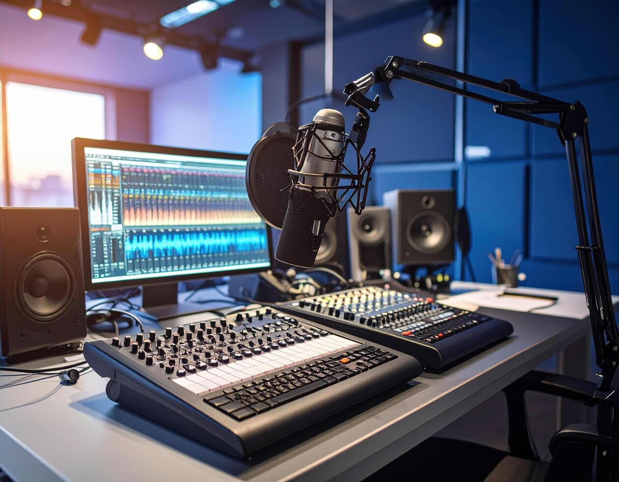 Modern radio studio setup featuring high fidelity audio mixing console, professional microphone, and computer screen displaying sound waves. atmosphere is creative and inspiring photo