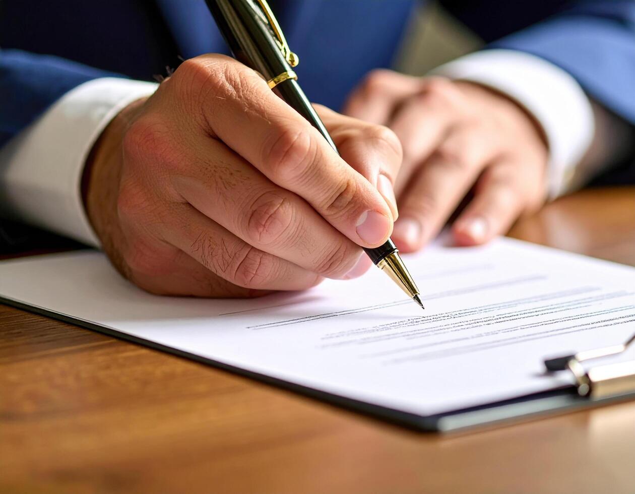 A man in a suit is signing a document on a table photo