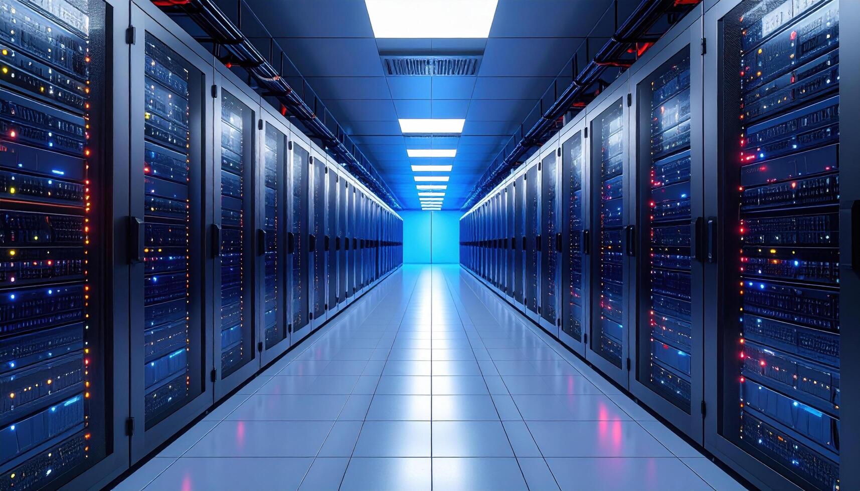 Modern data center filled with rows of powerful server rack emitting cool blue light. Infrastructure supports global network, ensuring secure, high fidelity data processing and cloud computing photo
