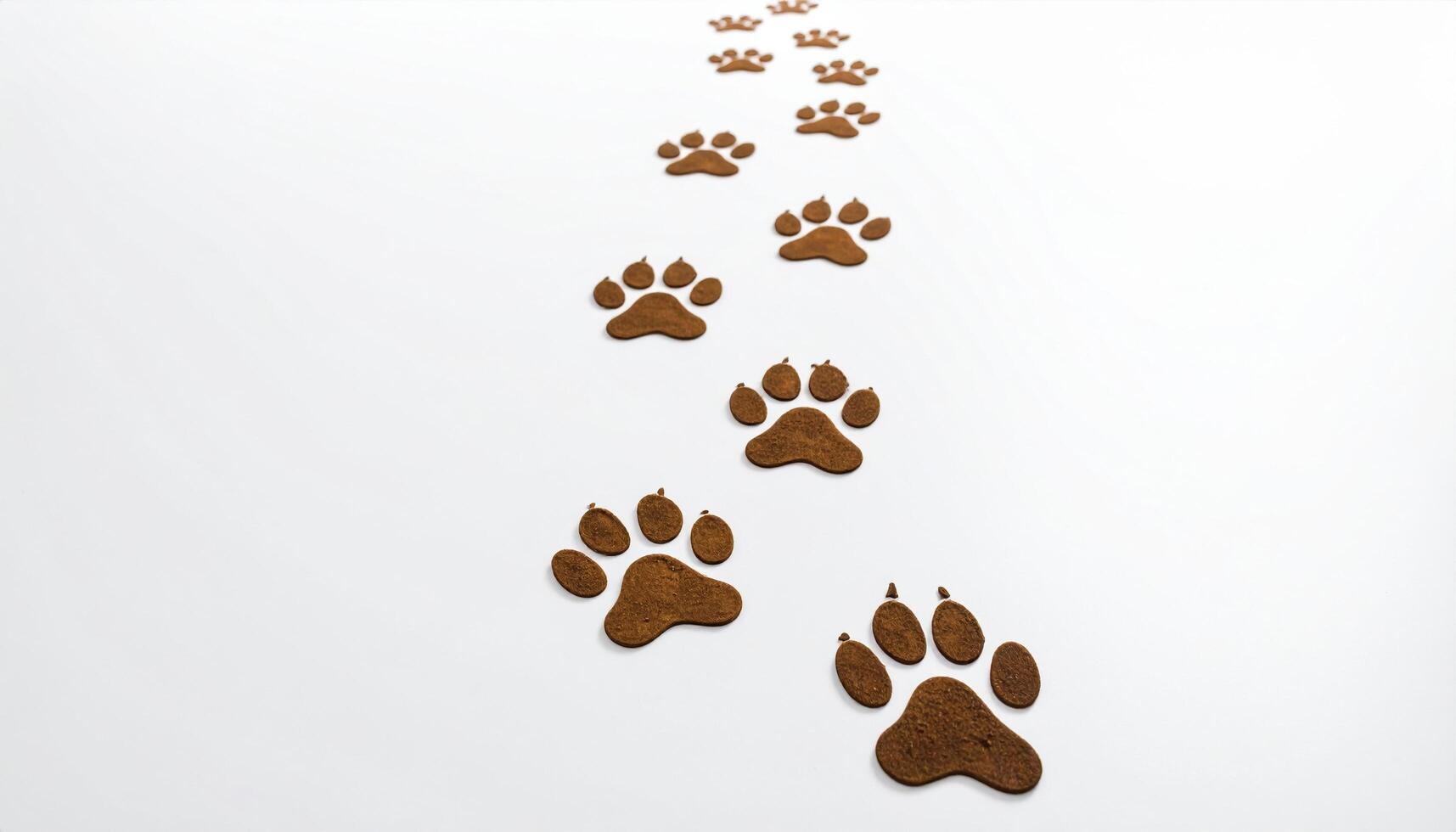 Trail of paw print shaped cookies or chocolates white surface, creating playful and whimsical pattern that suggests animal footprints. items are brown and appear to be edible, arranged curved line photo