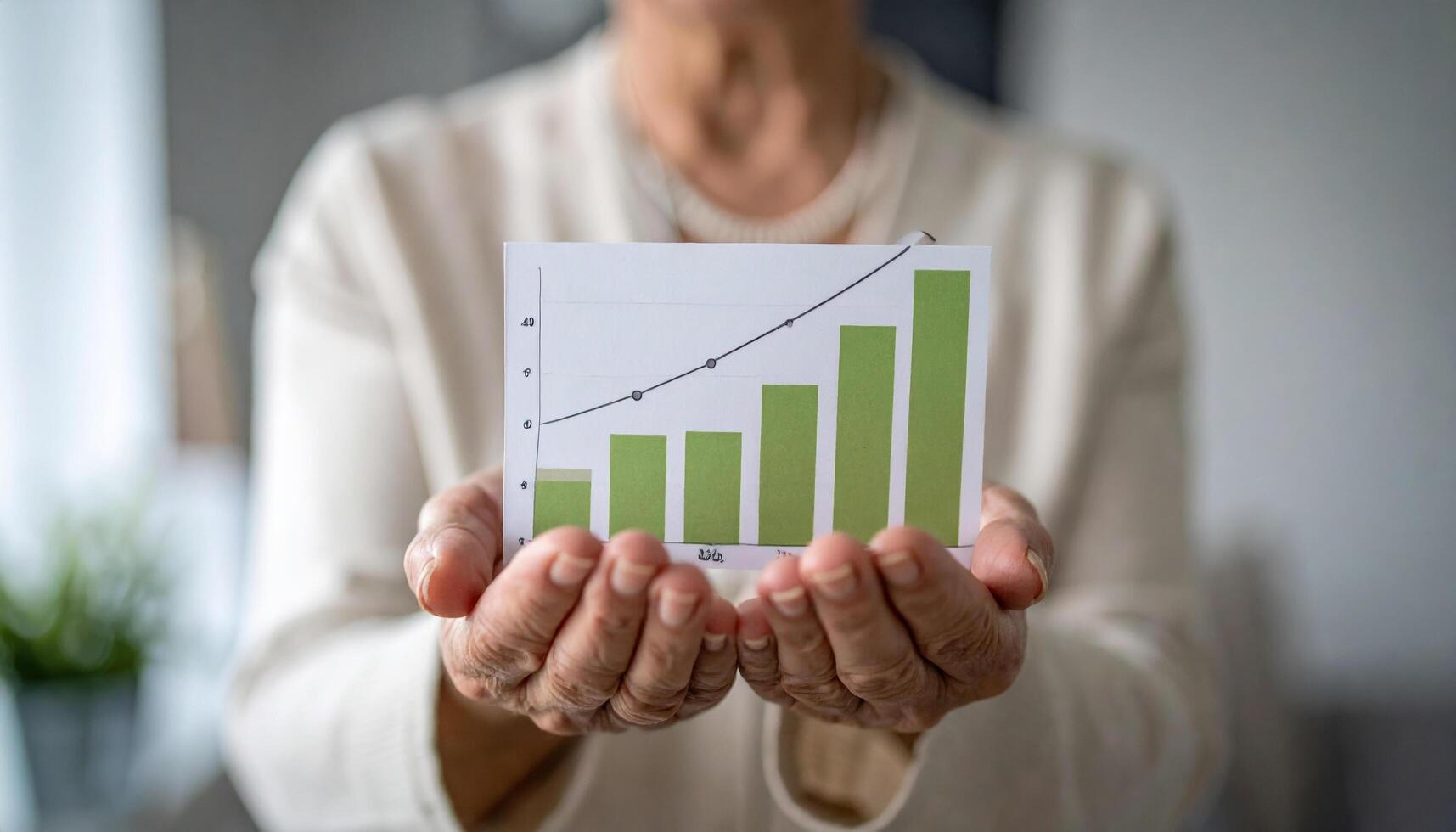 Person holds chart displaying positive growth trend, symbolizing success and progress business or personal development. green bars represent increasing values, conveying optimism and achievement photo