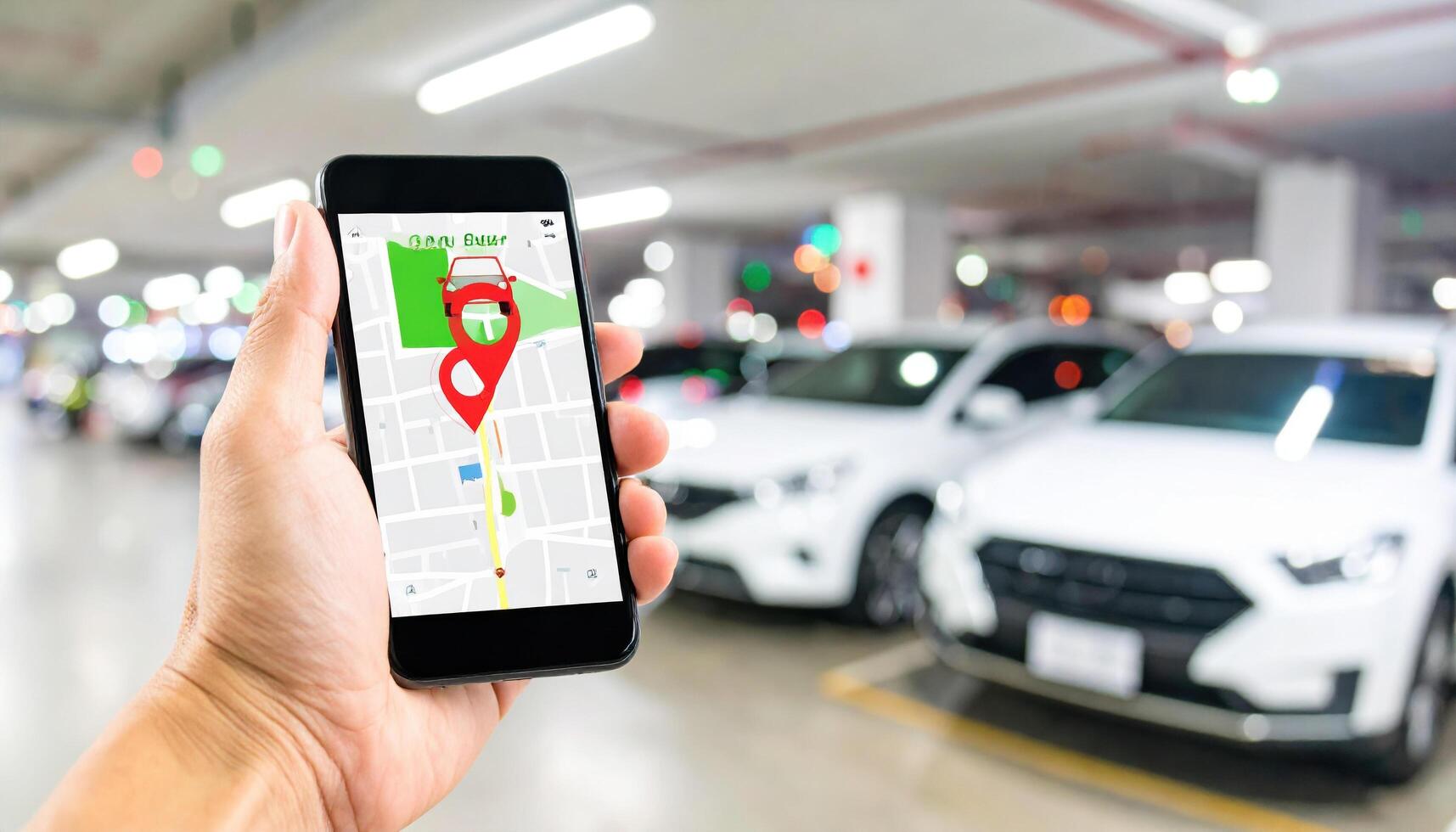 Hand holding smartphone with map and location pin in parking garage filled with cars, showing navigation for parking or car location, with bright lighting and modern setting photo