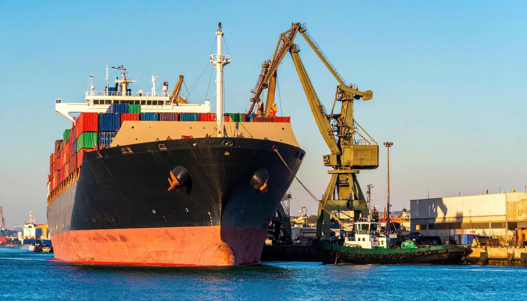 Large cargo ship docked at port with cranes loading or unloading containers, under clear blue sky, showcasing maritime activity and industrial port operations photo