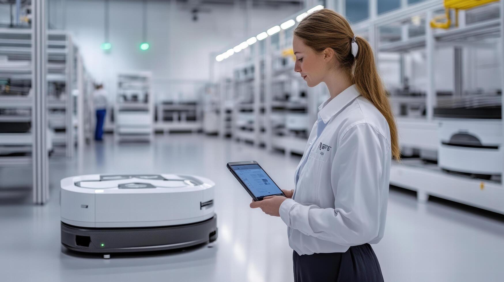 factory floor with AI powered robots and woman using tablet photo