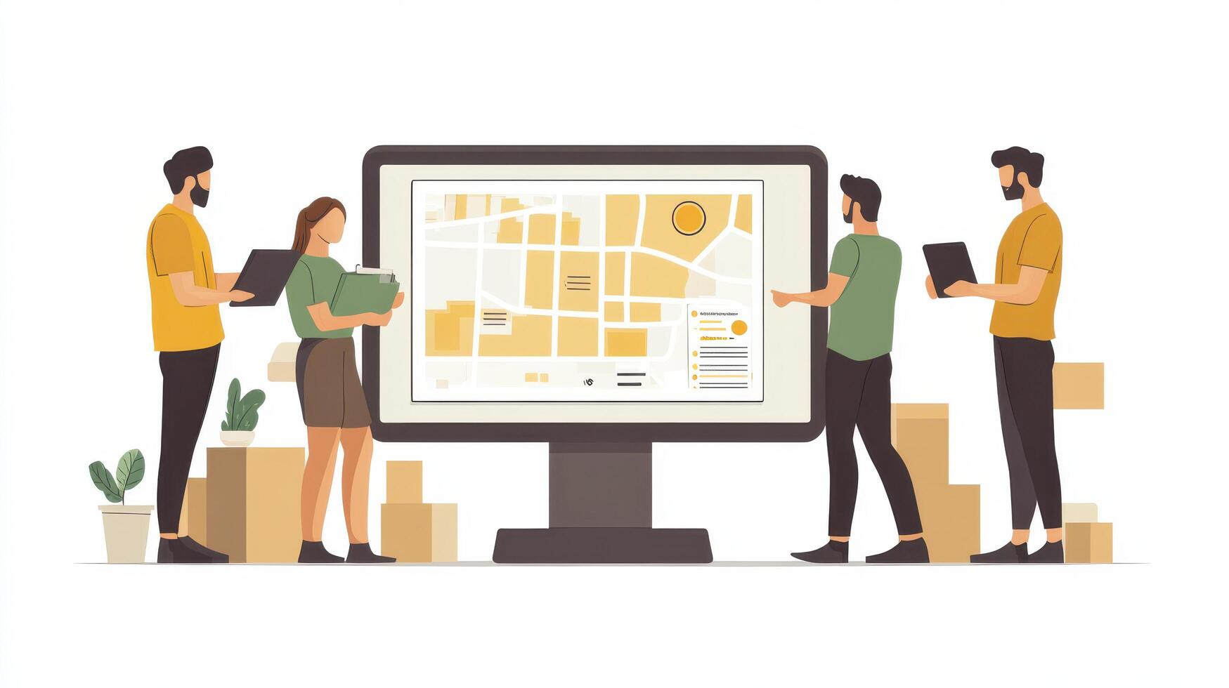 People standing around a computer with a map on it photo