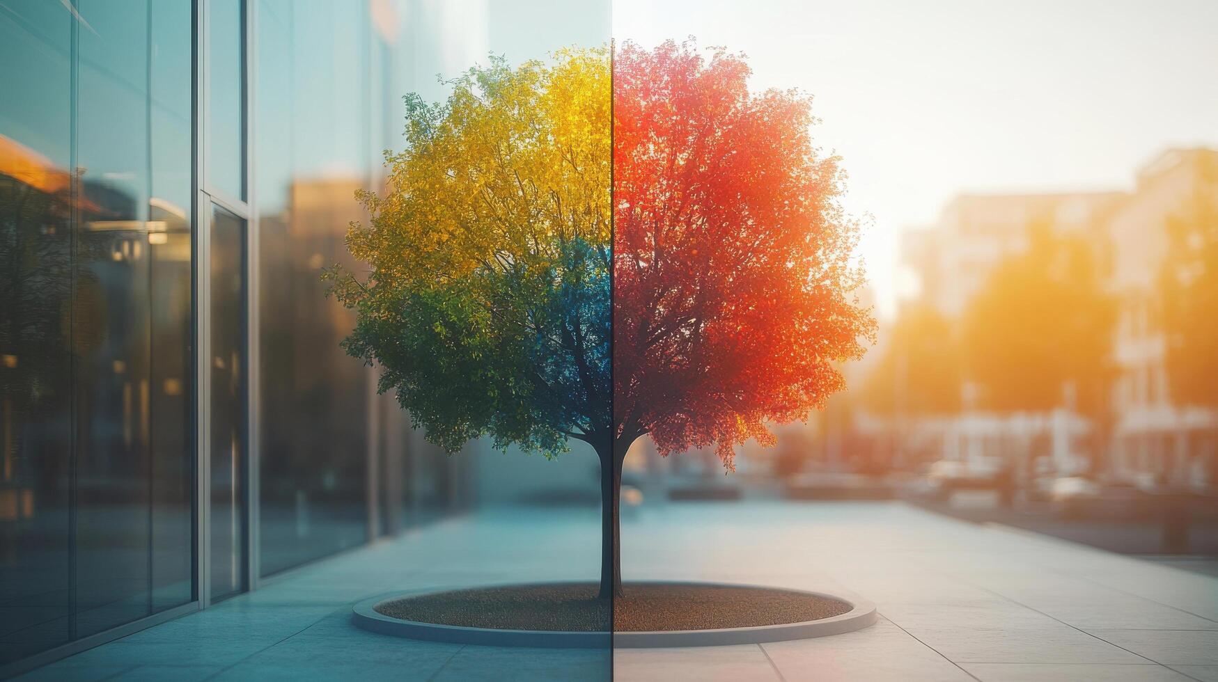 vibrant tree transitioning from yellow to red, symbolizing change photo