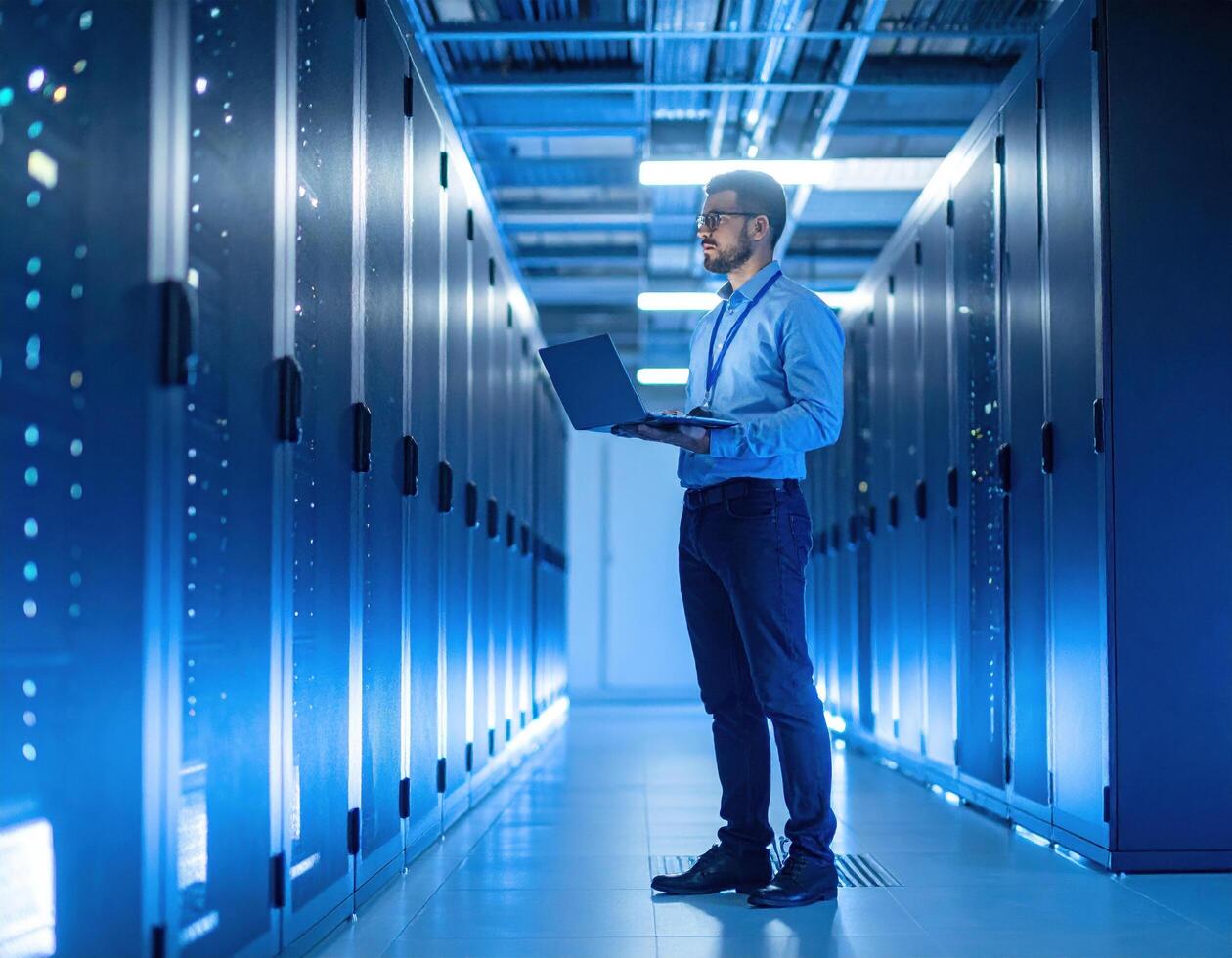 Young man stands confidently data center, holding laptop while surrounded by rows of server racks illuminated by blue lights. His focused expression reflects importance of technology modern photo